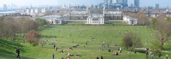 Greenwich Park - view from hill over Queen's House and River Thames